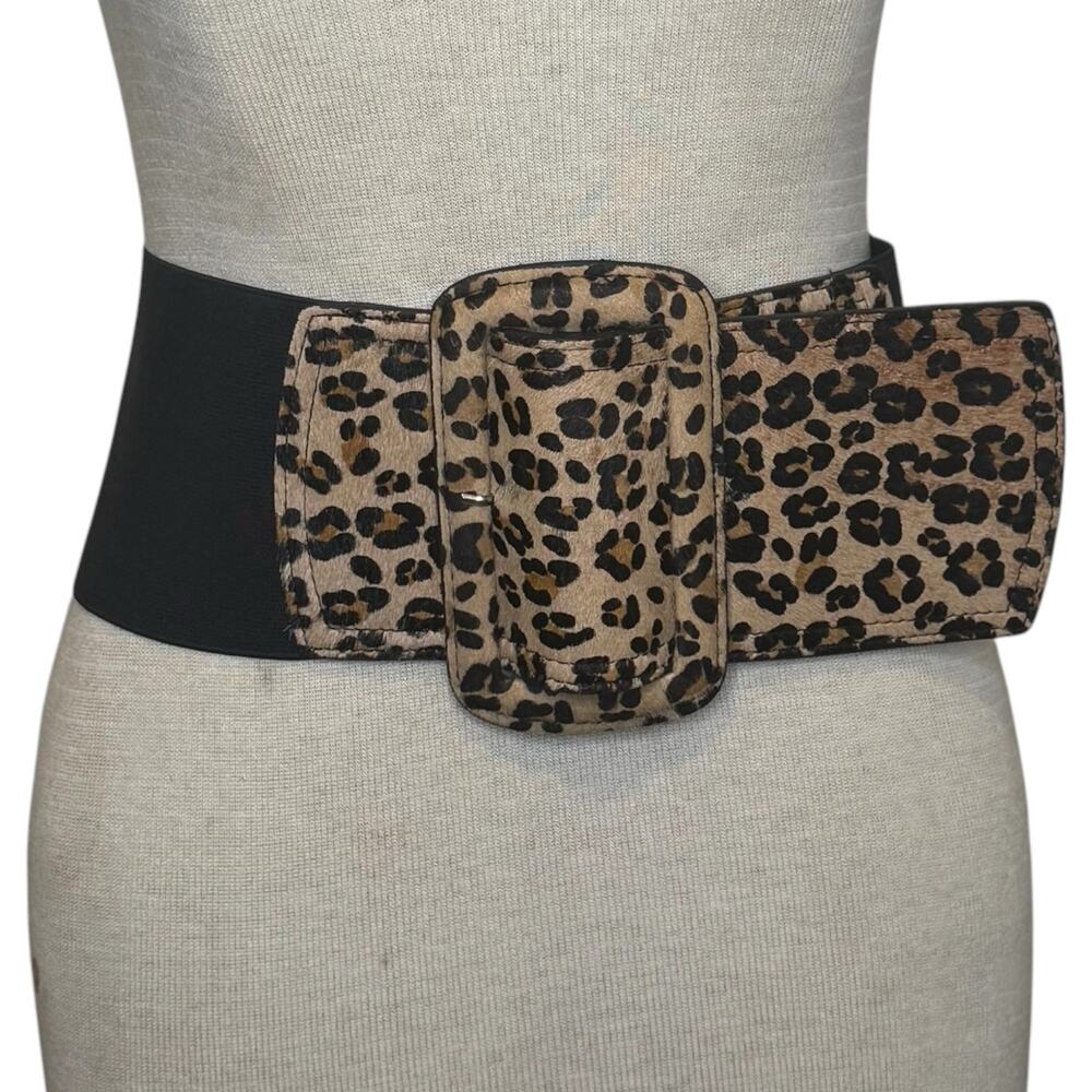 Bebe Y2K Leopard Leather Wide Buckle Stretch Belt